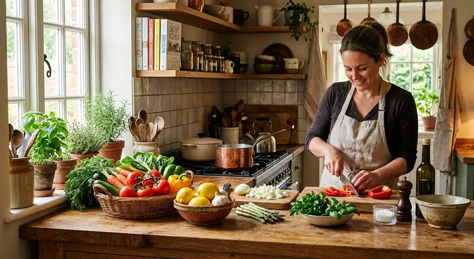 A cozy kitchen setup with fresh ingredients