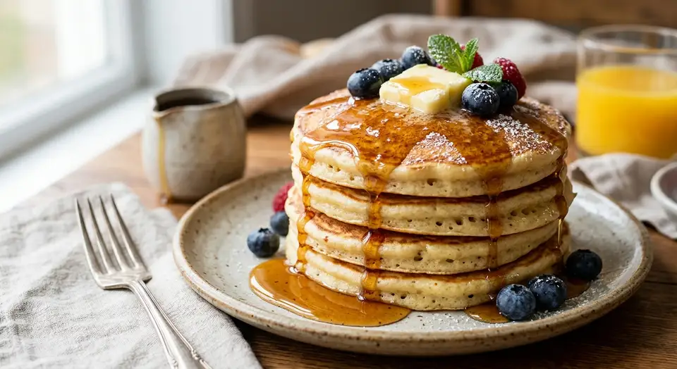 Stack of fluffy pancakes with syrup